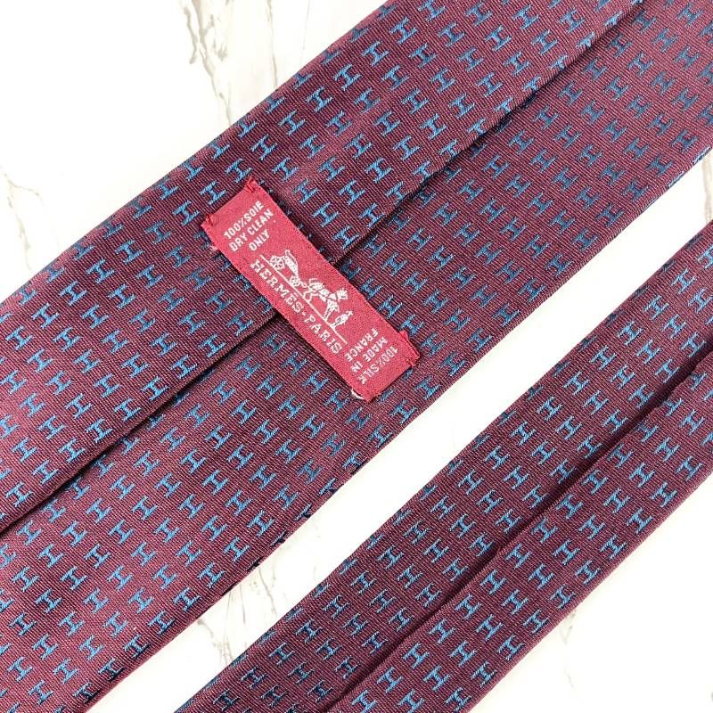 美品 HERMES エルメス ネクタイ ファソネ H柄 H織 ジャガード ボルドー