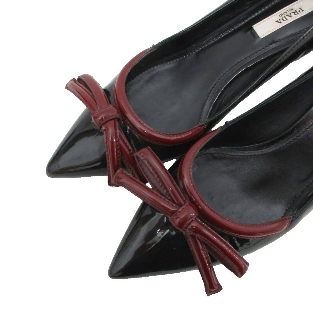 プラダ PRADA パンプス エナメル ポインテッドトゥ ローヒール リボン