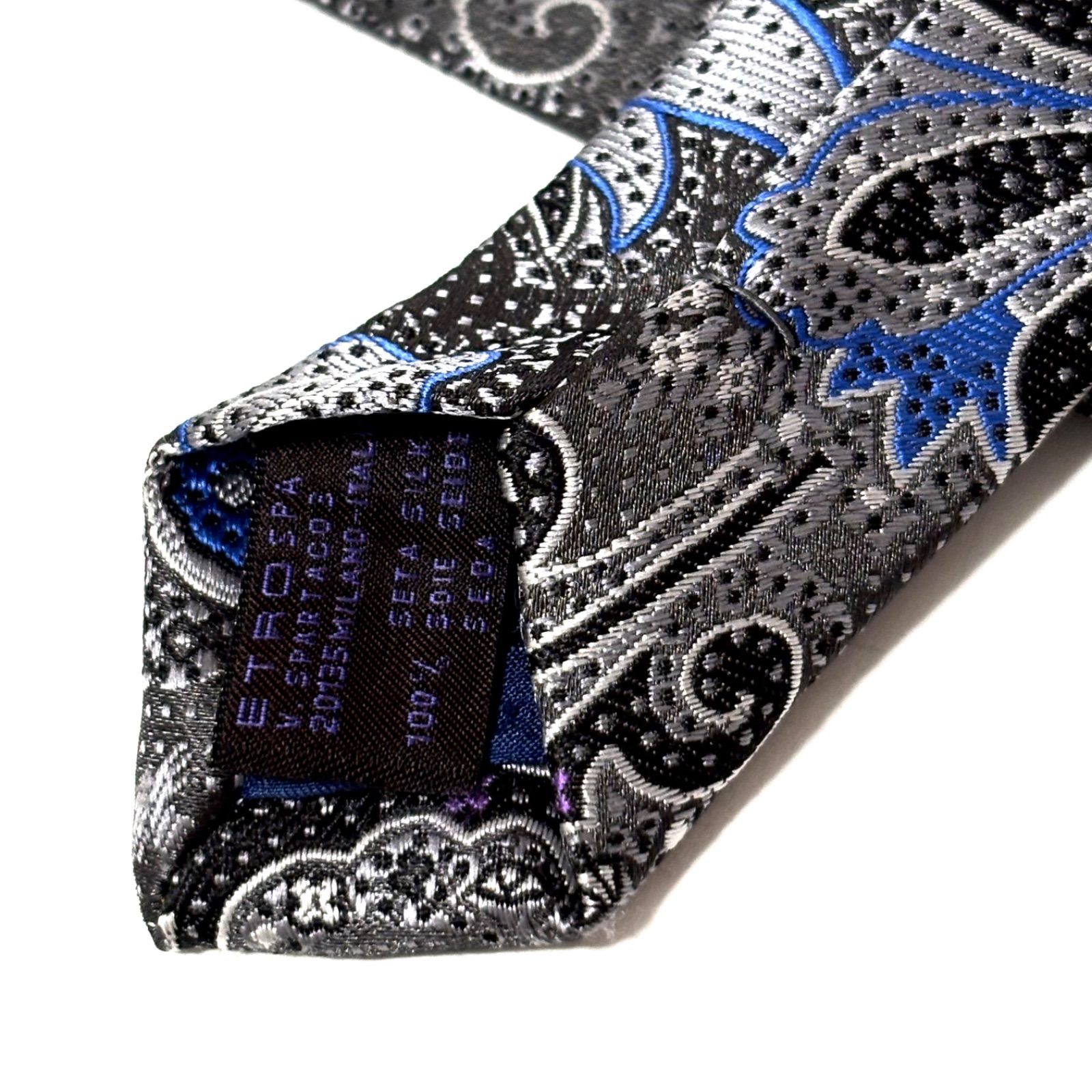 エトロ ネクタイ ブランド 光沢 ペイズリー柄 シルバーグレー×ブラック