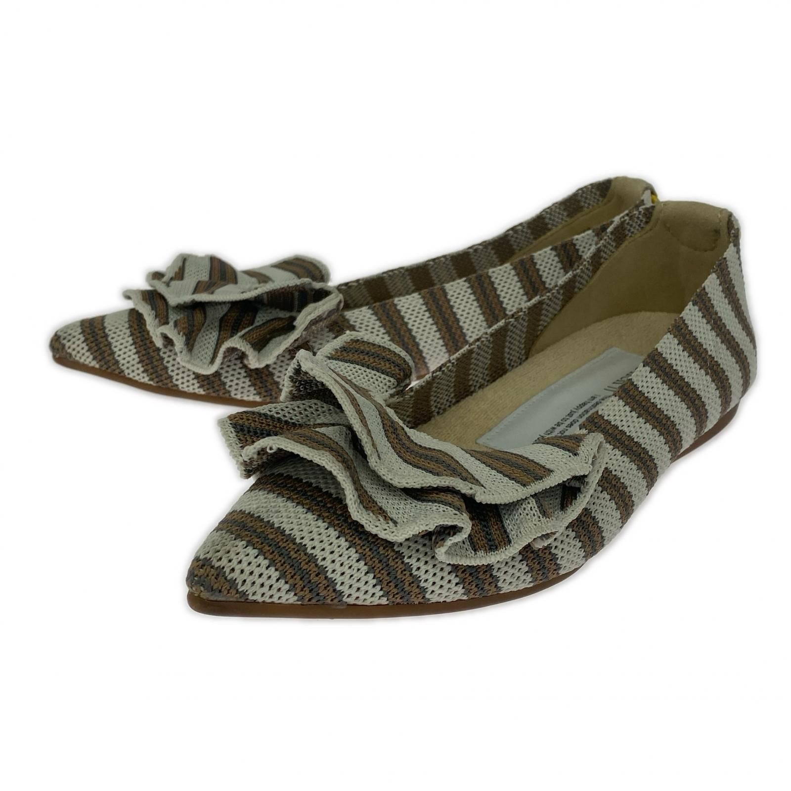 Offen オッフェン フリル ボーダー ポインテッドトゥ フラットパンプス