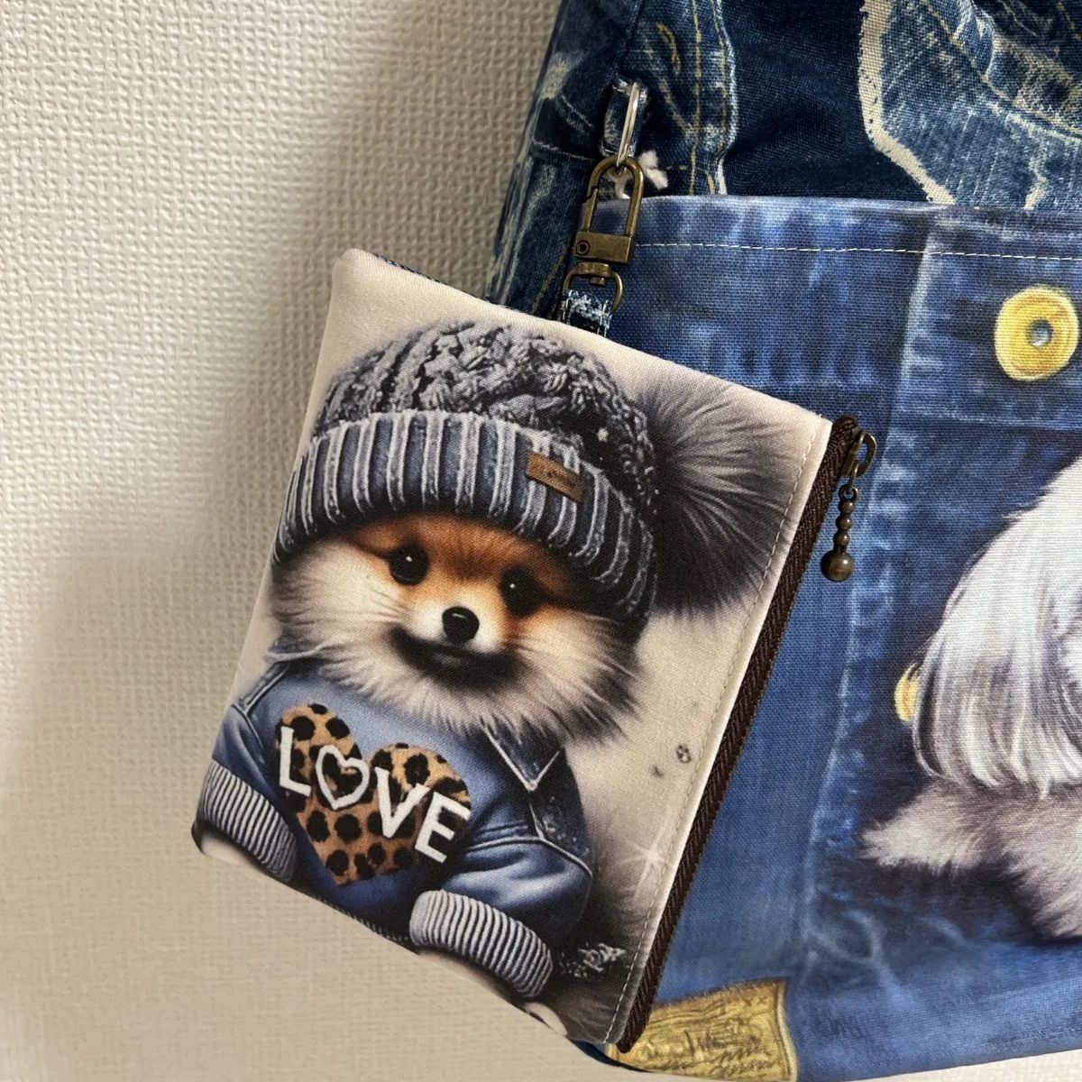 ハンドメイド フラットポーチ マスコットポーチ パネル生地