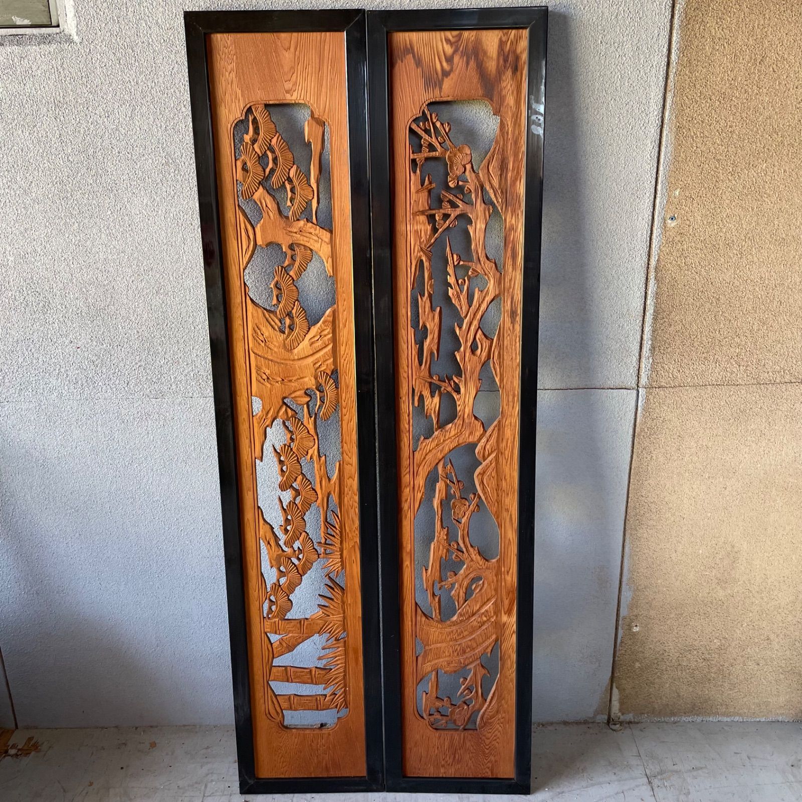 欄間 2枚セット 木彫 彫刻 和室 床の間 らんま 昭和 リフォーム - メルカリ