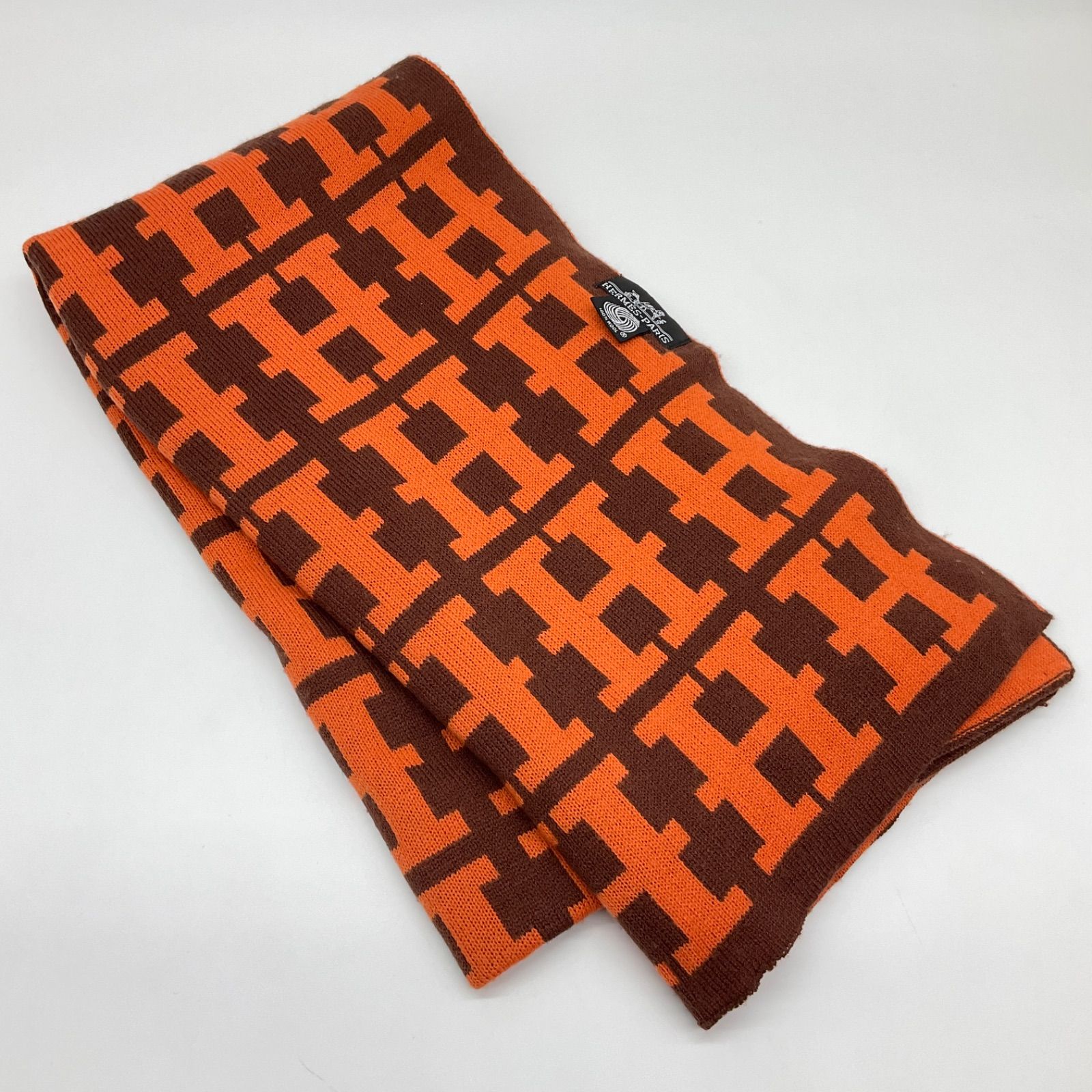 ○HERMES エルメス マフラー ウール H柄 オレンジ×ブラウン