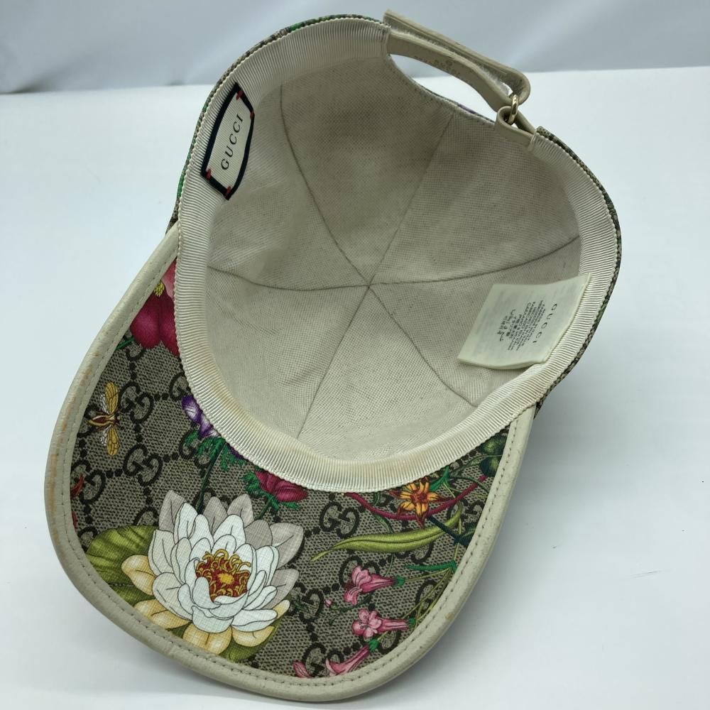 中古】GUCCI GG柄 フローラル レザーキャップ サイズS ブラウン 603986