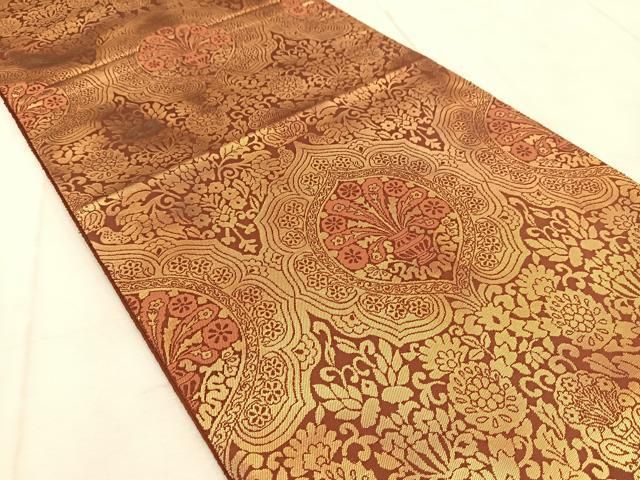 平和屋着物◎西陣 服部織物謹製 六通柄袋帯 飾花文 こはく錦 金糸 正絹