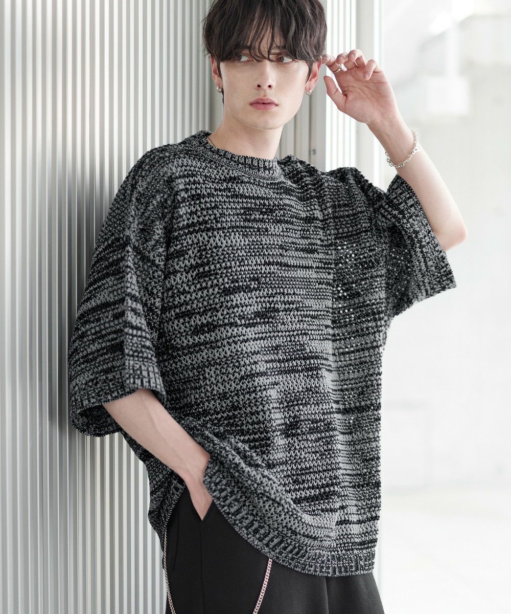 透かし編みメランジドルマンメッシュ5分袖ニット | ASTRONOMY