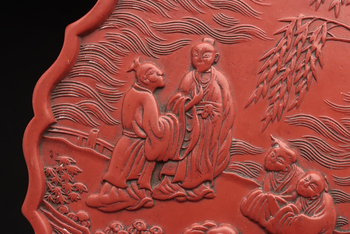 HZ071 清 乾隆丁巳年製 未使用 朱砂墨 径11.5cm 重548g・御墨 浮雕人物