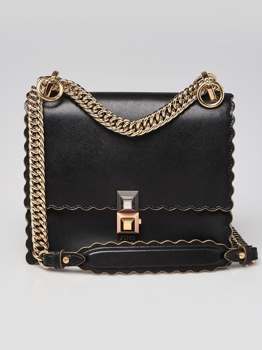 Fendi Black Scalloped Leather Mini I Kan Chain Shoulder Bag 8M0381