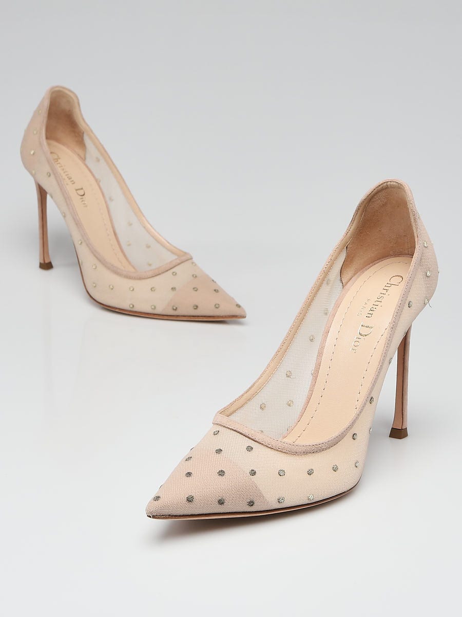 Christian Dior Beige/Gold Mesh Polka Dot D-Moi Pumps Size 8/38.5