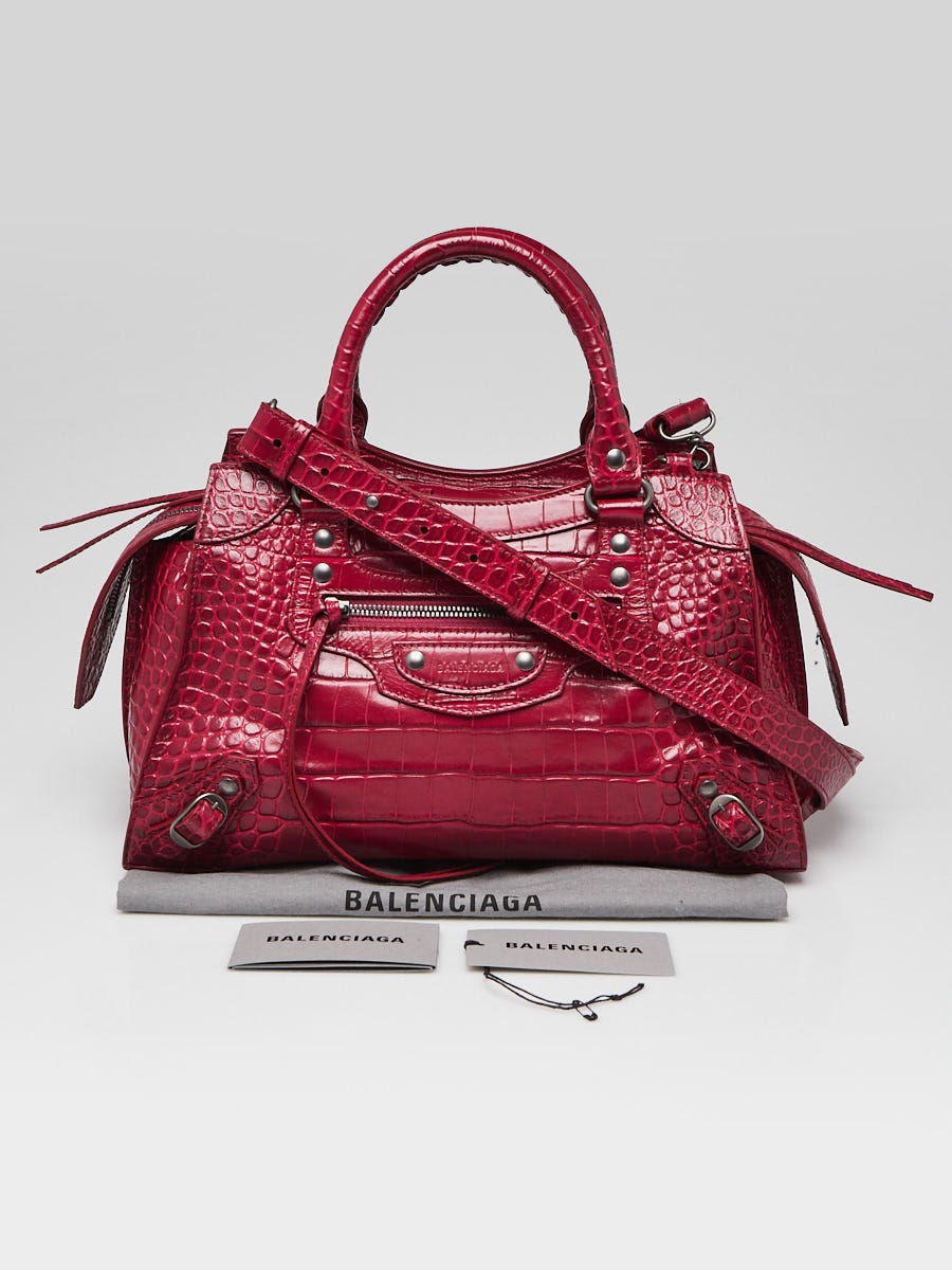Balenciaga Raspberry Croc Embossed Calfskin Leather Neo Classic