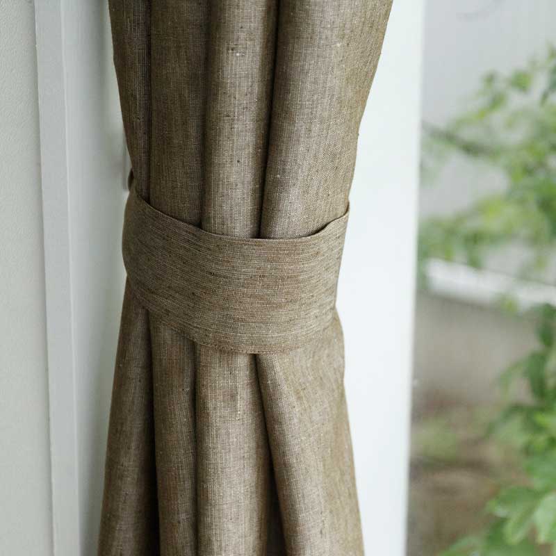 光沢のある既成サイズリネンカーテン [オリーブ Chintz] リネン100