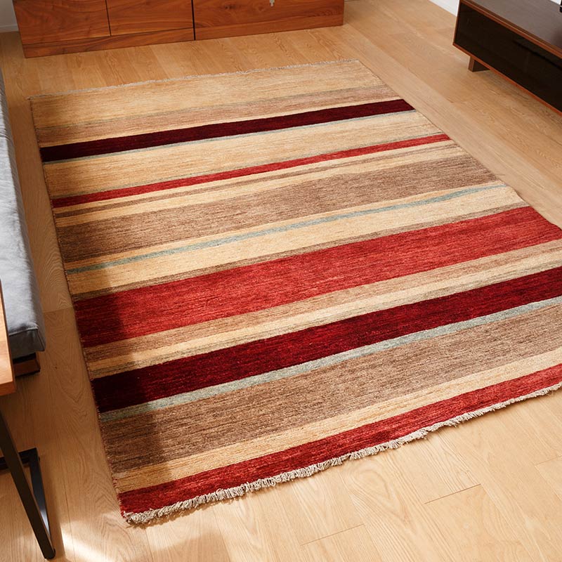 天然素材ウールの手織り [ ハグみじゅうたん ] ボーダーレッド / LR02B