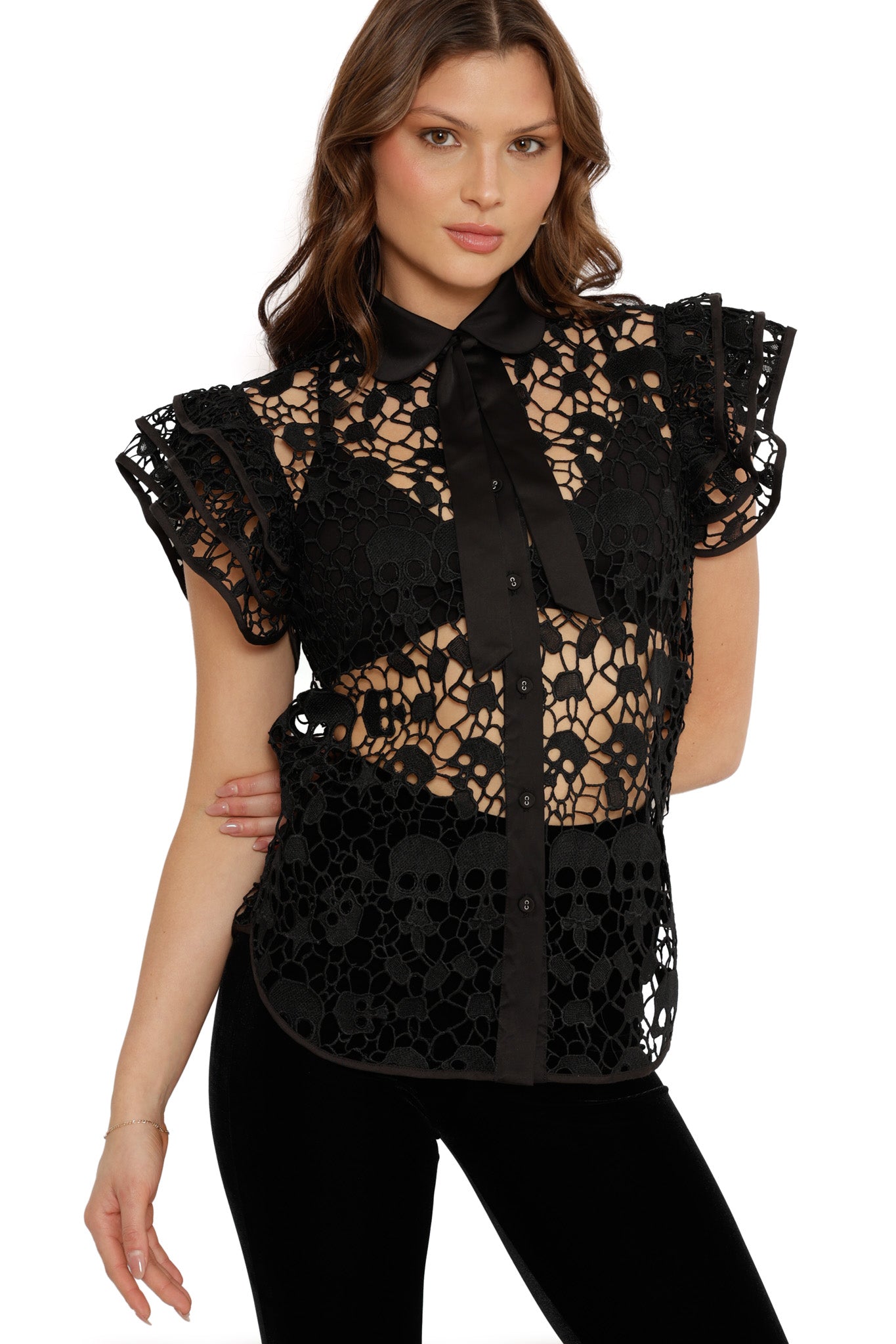 Skull Lace Frill Sleeve Top - Limited – BlackMilk Clothing