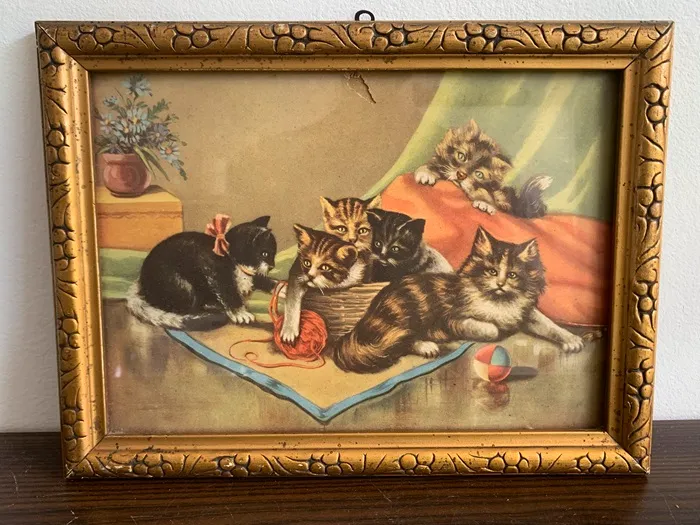 フランス 40s 猫 プリント アート 毛糸 アンティーク 壁掛け | Blue