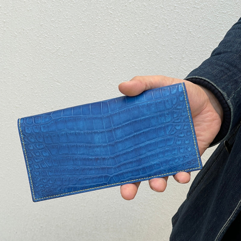 藍染めクロコダイル] ロングウォレット(小銭入れなし)【受注生産