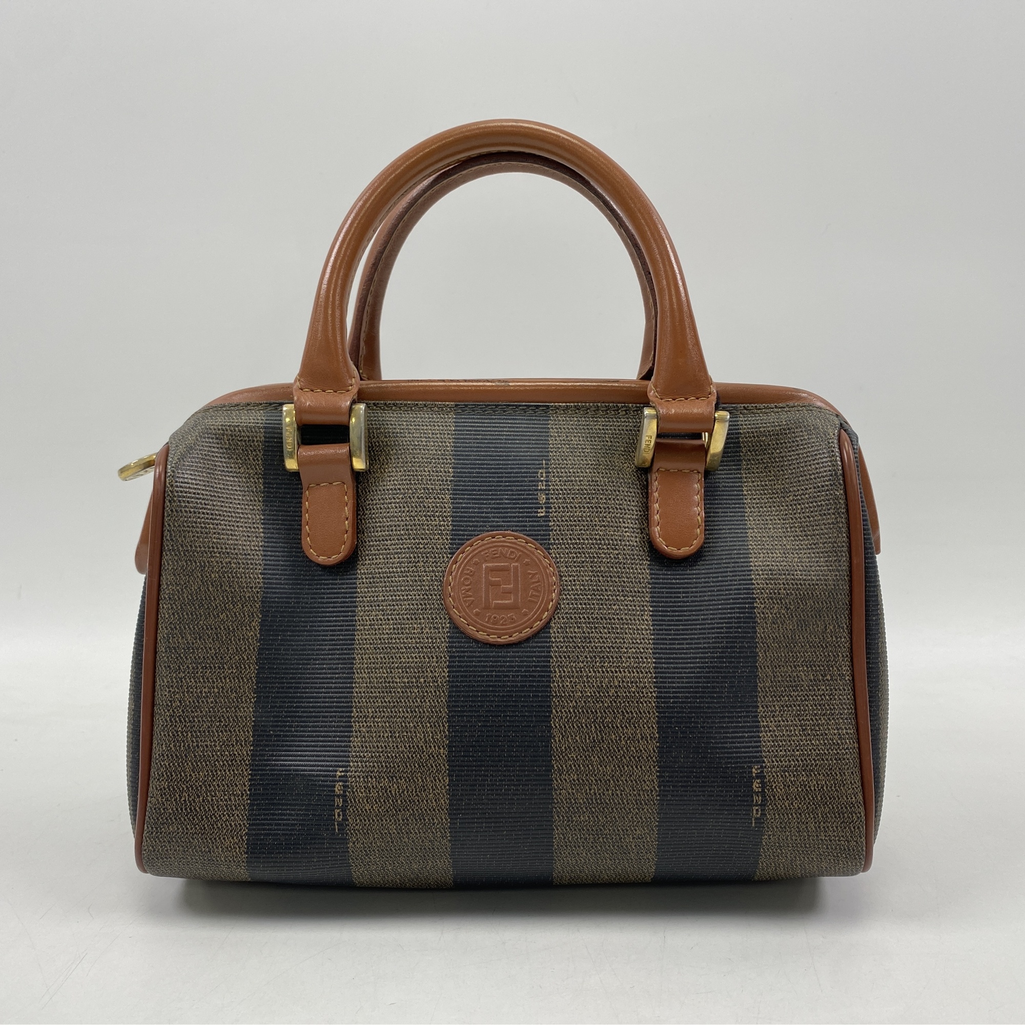 フェンディ ペカン柄 ミニボストンバッグ キャンバス×レザー ブラウン