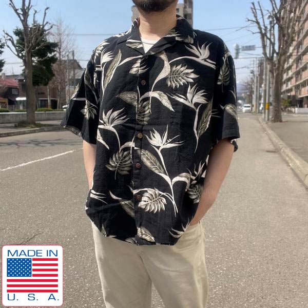 USA製 Hilo Hattie 極楽鳥花 ボタニカル柄 半袖 アロハ シャツ XL 黒