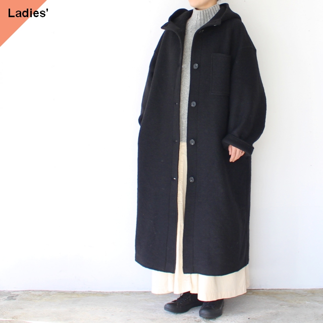 IKITSUKE ウールフードロングコート Wool Hooded Long Coat （Black