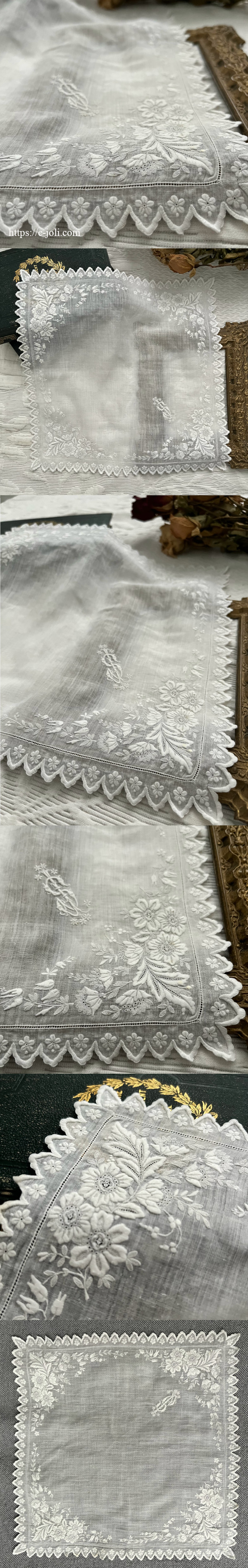 パリ発送】E1172 フランスアンティークレースハンカチ 19世紀ホワイト