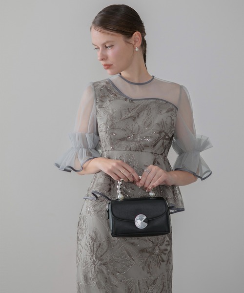 LEJA】アシンメトリーシアーフラワースパンコールフリルチュール