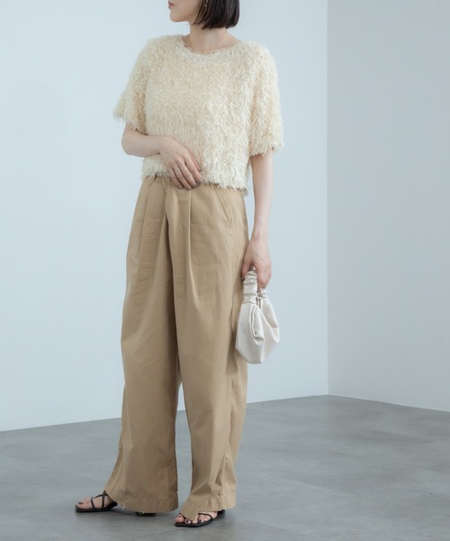 hideka select》フェザープルオーバートップス / 半袖 シアー フリンジ