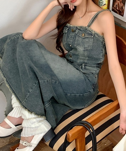 セール】バックレースアップデニムロングワンピース（ワンピース