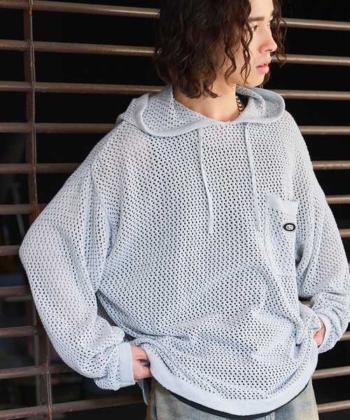 セール】オーバーサイズワッペン刺繍ポケット付きメッシュニット