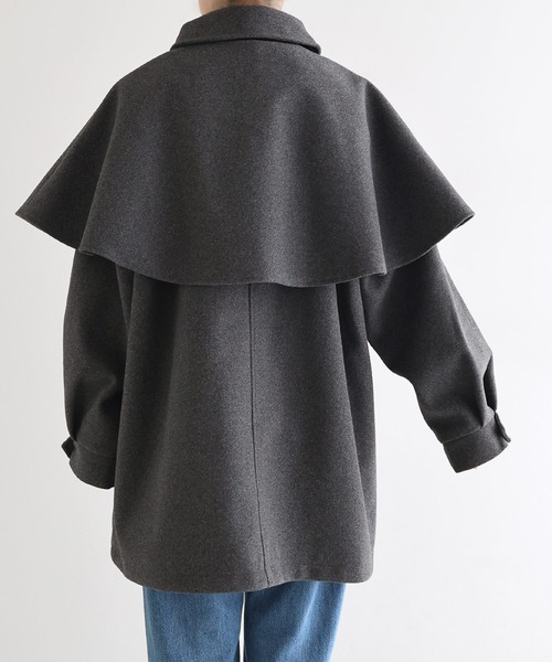ケープ＆ベルト付きフェイクウールミドルコート（ステンカラーコート