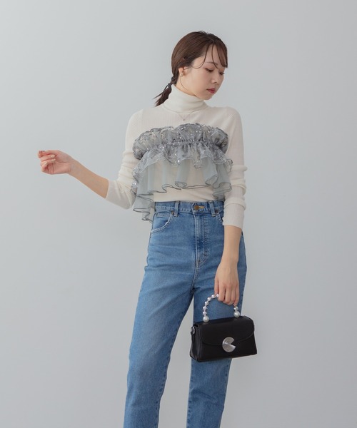 LEJA】3WAYチュールラッフルフラワースパンコールIラインワンピース