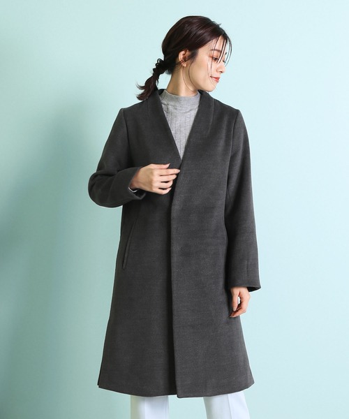 Vネックノーカラーロングコート（ステンカラーコート）｜sankyo shokai