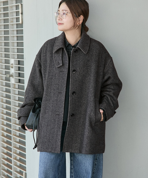 セール】MANTECO ヘリンボン フレアバルカラーコート（ステンカラー