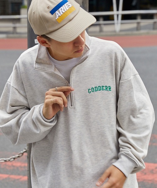 CODDERR】ハーフジップ ロゴ刺繍 裏毛 ビッグシルエットスウェット