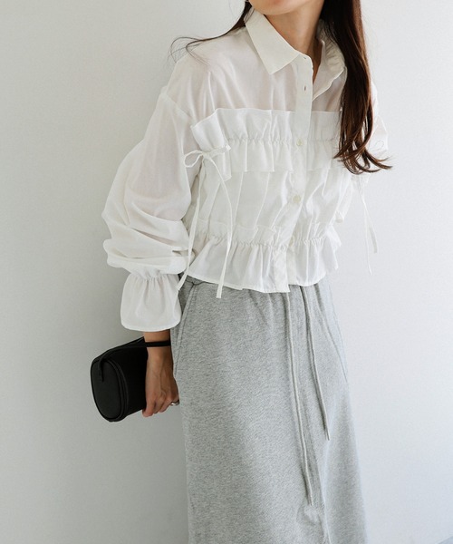ショート丈フリルシャツブラウス【無地/ストライプ】（シャツ/ブラウス