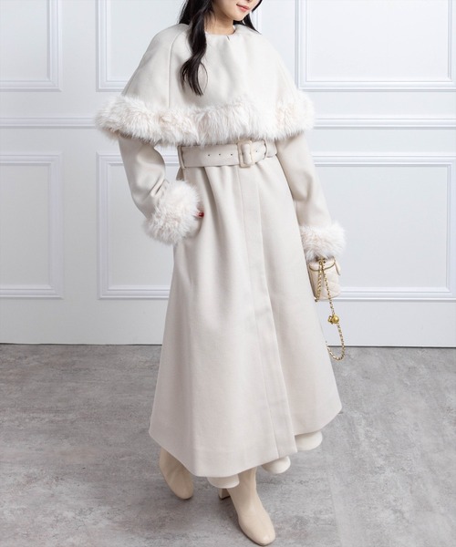 セール】ファー付き2wayケープロングコート[大人 フェミニン 上品