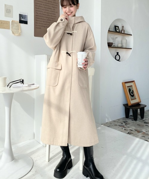 セール】ライトニットメルトンフードありロングダッフルコート