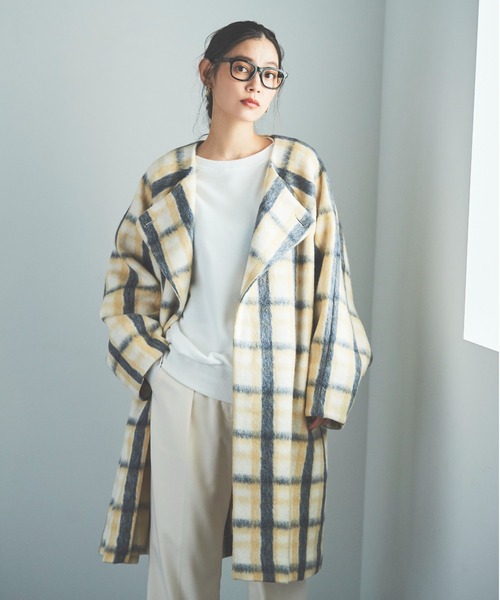 セール】チェックシャギーコート（ノーカラーコート）｜DOUX ARCHIVES