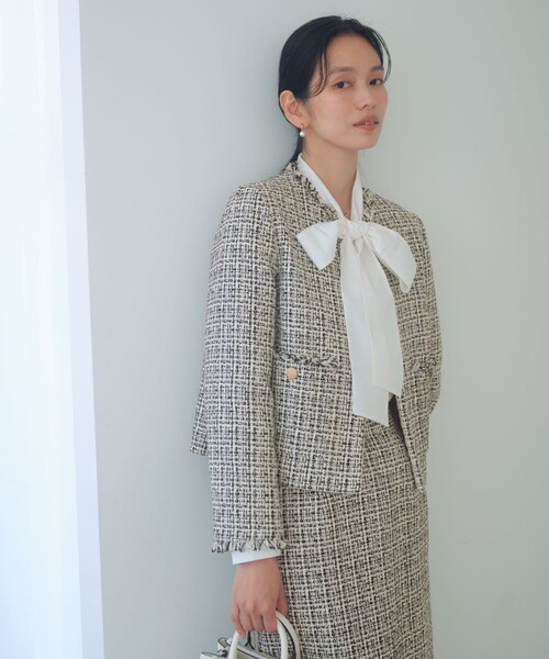 セール】ツイードライク ノーカラー ジャケット（ノーカラージャケット