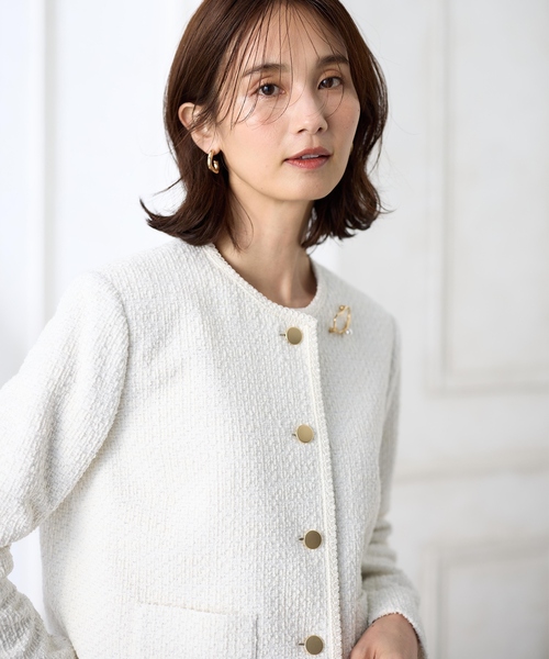 セール】【セレモニー対応】ツイードノーカラージャケット【大きい