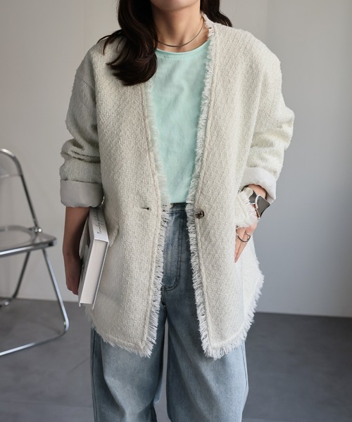 セール】【選べるデザイン】ツイードポケットノーカラージャケット