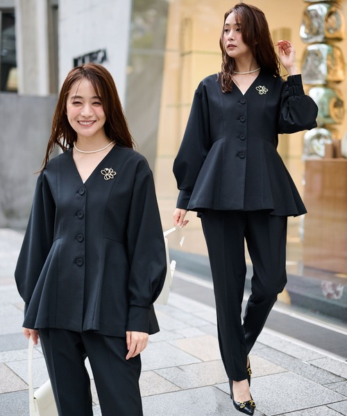 セール】【2点セット】洗える/防シワ Vネックペプラムセットアップ[S