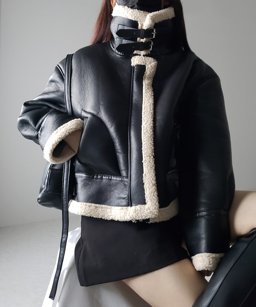 フェイクレザームートンB-3クロップドフライトジャケット（ムートン