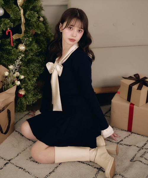 satin ribbon tie docking knit onepiece / サテンリボンタイ