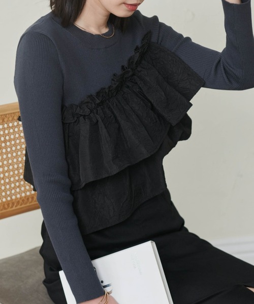 セール】フリルドッキングリブニットプルオーバー（ニット/セーター