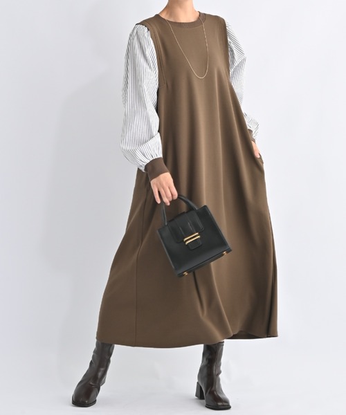 セール】布帛ドッキングレイヤードワンピース ポケット付 ストレッチ
