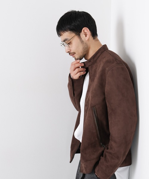 フェイクスエードバンドカラーライダースジャケット（ブルゾン）｜NANO