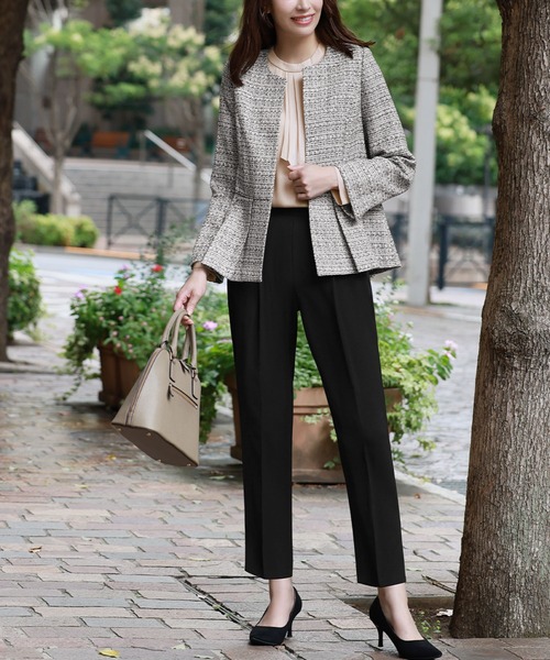 セール】ツイードペプラムジャケット テーパードパンツ セットアップ