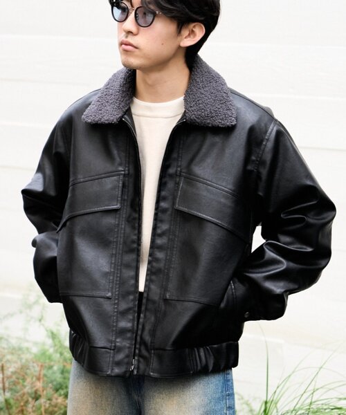 セール】【ユニセックス】3WAY襟ボア取り外し可能/合皮/レザージップ