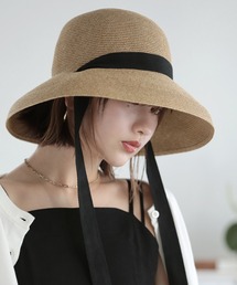 リボン」に該当するハット（ブラック/黒色系・麦わら・ストロー