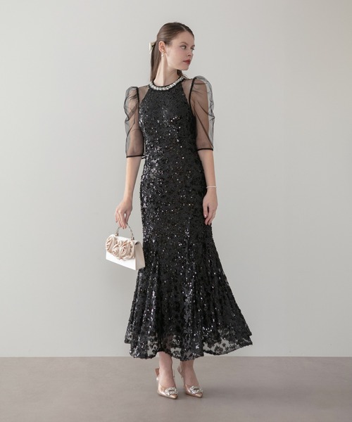 LEJA】ビジューネックスパンコールシアーマーメイドワンピースドレス