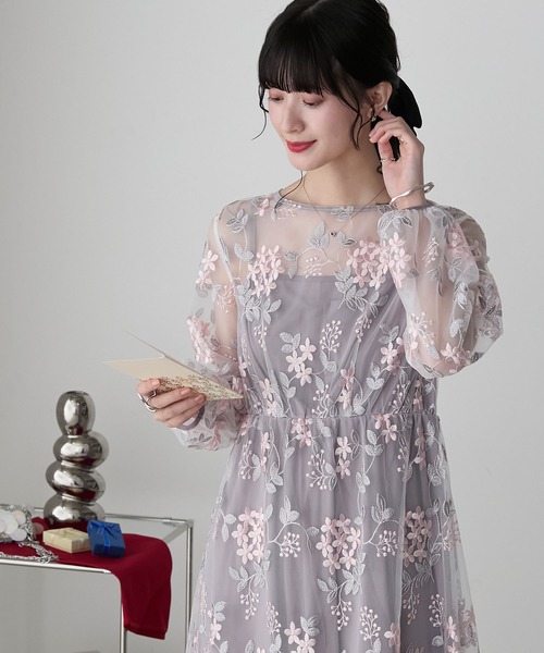 forksy.】【オケージョン対応】花柄刺繍レースワンピース＆キャミ